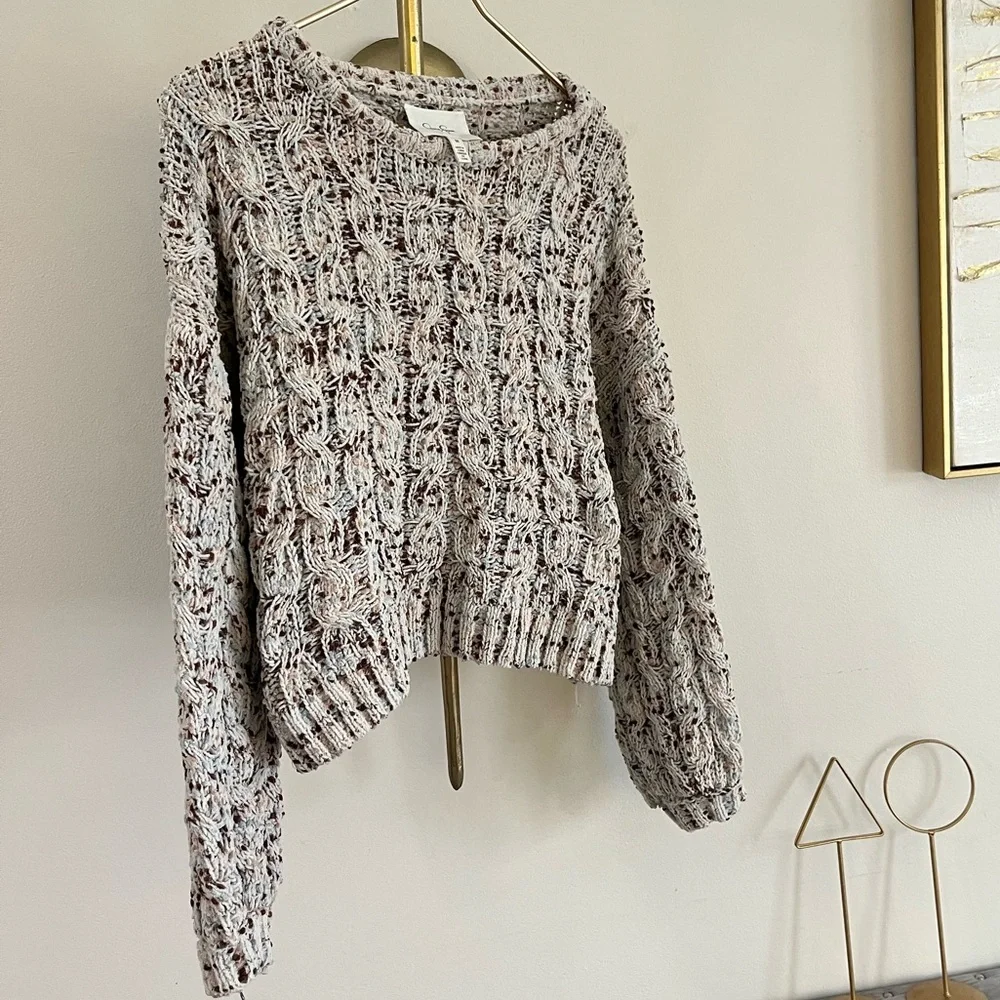Jessica Simpson Womens Confetti Cable Knit Sweater Cream Brown Blue Size M boho